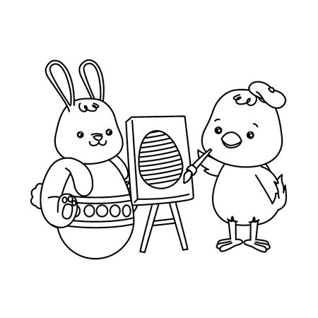 little rabbit and chick painting egg easter characters vector illustration designのイラスト素材