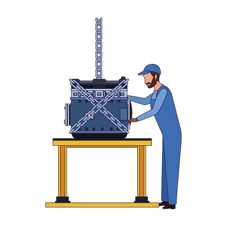 mechanic standing supervising a car engine on a table over white background, colorful design, vector illustrationのイラスト素材