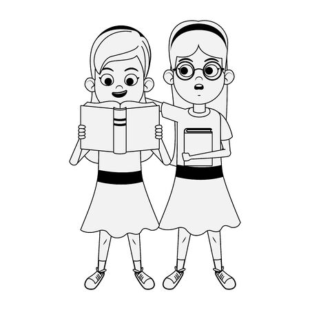 Cartoon cute girls with books standing over white background, vector illustrationのイラスト素材