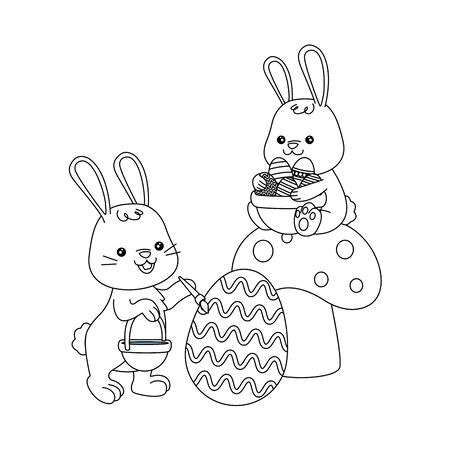 cute little rabbits with eggs painted in fungus vector illustration designのイラスト素材