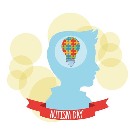 world autism day with child profile and bulb puzzle vector illustration designのイラスト素材