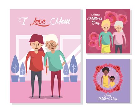 happy mothers day card with grandmothers and daughters characters vector illustration designのイラスト素材