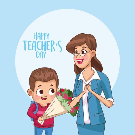 happy teachers day card with teacher and boy giving flowers vector illustration designのイラスト素材
