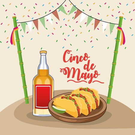 cinco de mayo celebration card with tacos and tequila vector illustration designのイラスト素材
