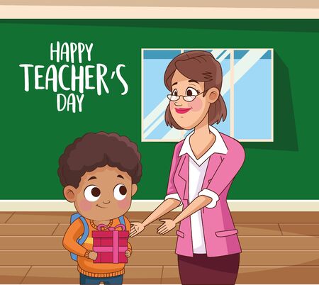 happy teachers day card with teacher and boy in classroom vector illustration designのイラスト素材