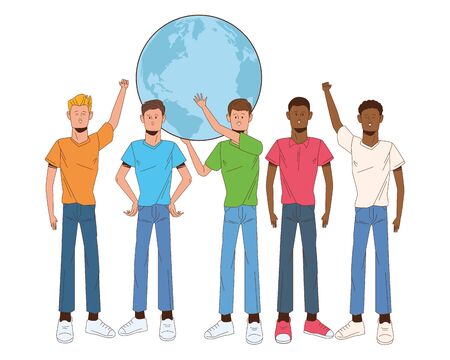 interracial men lifting planet earth avatars characters vector illustration designのイラスト素材