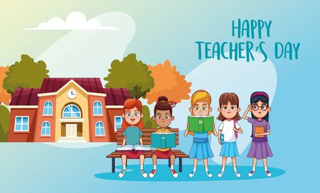 happy teachers day card with students outdoor school vector illustration designのイラスト素材