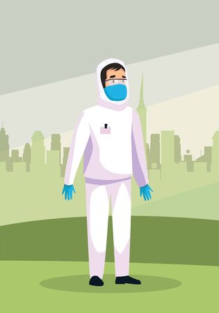 biohazard cleaning person with special suit in the park vector illustration designのイラスト素材