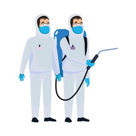 biohazard cleaning persons with sprayer characters vector illustration designのイラスト素材