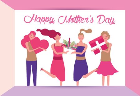 beautiful mothers with flowers and gift characters mothers day card vector illustration designのイラスト素材