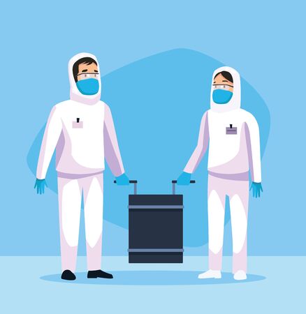 biohazard cleaning persons with special suit characters vector illustration designのイラスト素材