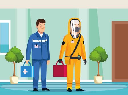 biohazard cleaning person and paramedic characters vector illustration designのイラスト素材