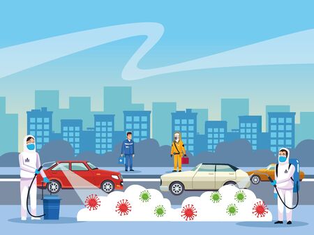 biohazard cleaning persons with sprayer and covid19 particles on the city vector illustration designのイラスト素材