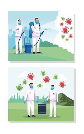 biohazard cleaning persons with covid19 particles in the park vector illustration designのイラスト素材