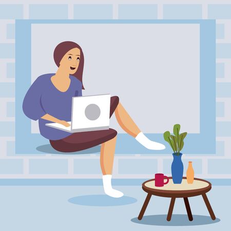 woman using laptop work at home vector illustration designのイラスト素材