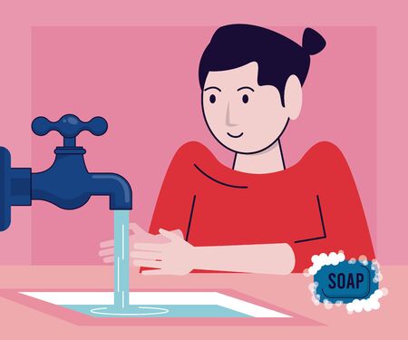 wash your hands campaign poster with woman and tap vector illustration designのイラスト素材