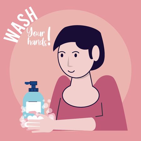 wash your hands campaign poster with woman soap bottle vector illustration designのイラスト素材