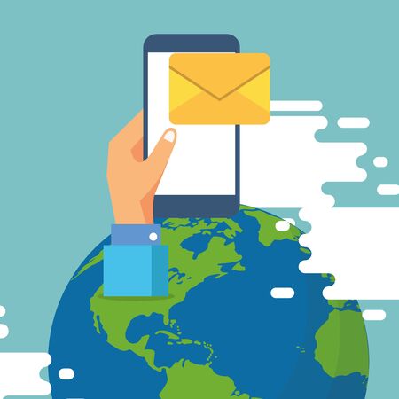smartphone with envelope email send and world planet vector illustration designのイラスト素材