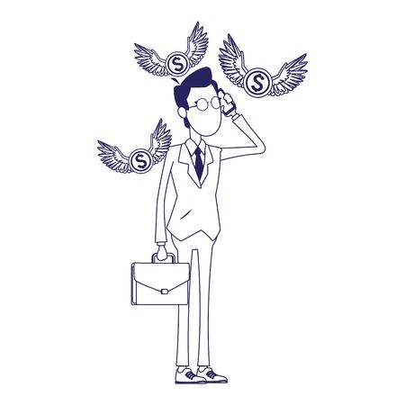 cartoon businessman with money coins with wings over white background, flat design, vector illustrationのイラスト素材