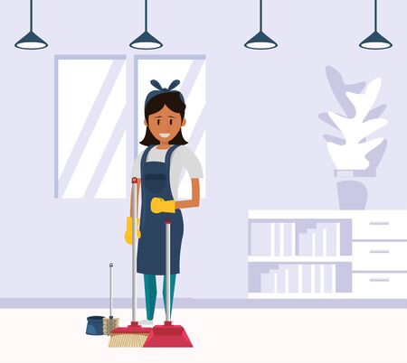 woman worker housekepping with broom vector illustration designのイラスト素材