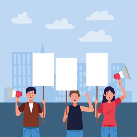 andry men and woman holding blank signs over urban city landscape background, colorful design, vector illustrationのイラスト素材