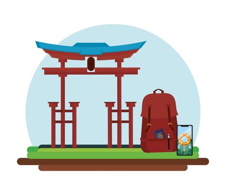 world travel scene with chinese arch vector illustration designのイラスト素材