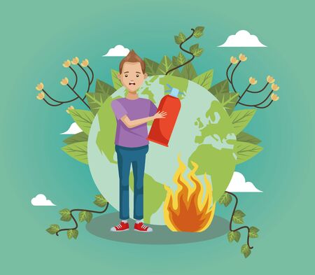 young man environmentalists putting out forest fire vector illustration designのイラスト素材