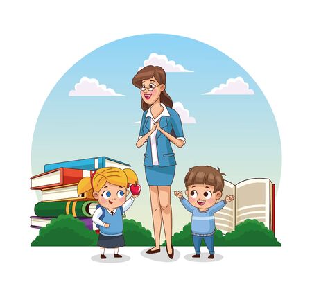 happy teachers day card with teacher and students in the field vector illustration designのイラスト素材