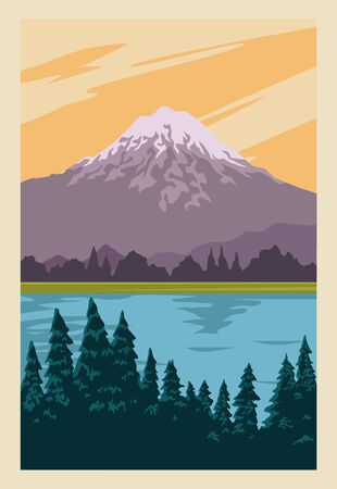beautiful landscape with lake and forest scene vector illustration designのイラスト素材