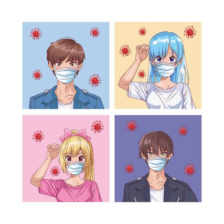 people with face masks and covid19 particles anime style vector illustration designのイラスト素材