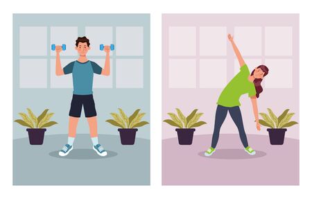 couple practicing exercise in the house vector illustration designのイラスト素材