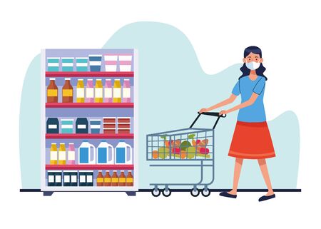 woman shopping in supermarket with face mask vector illustration designのイラスト素材