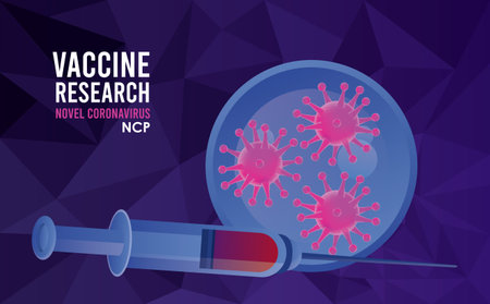 covid19 vaccine search with particles and injection vector illustration designのイラスト素材