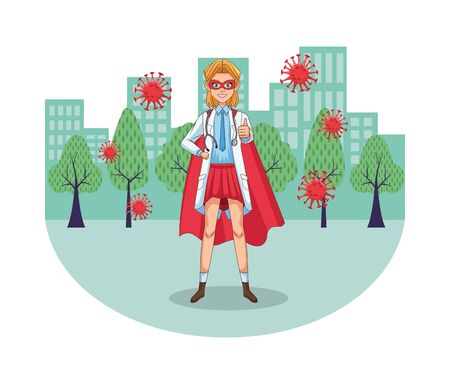 super female doctor with hero cloak vs covid19 vector illustration designのイラスト素材