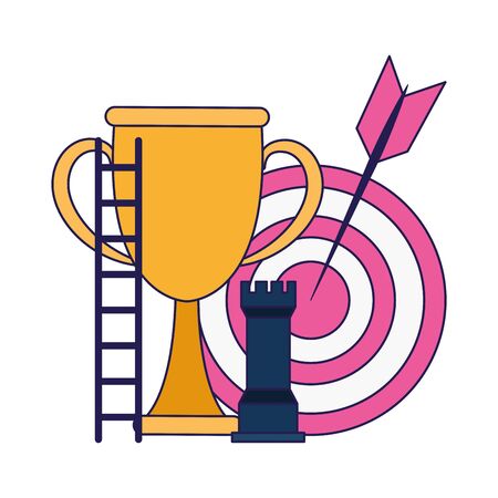 trophy cup with target and rook piece over white background, colorful design, vector illustrationのイラスト素材