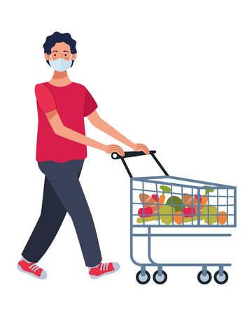 man using face mask with shopping cart in supermarket vector illustration designのイラスト素材
