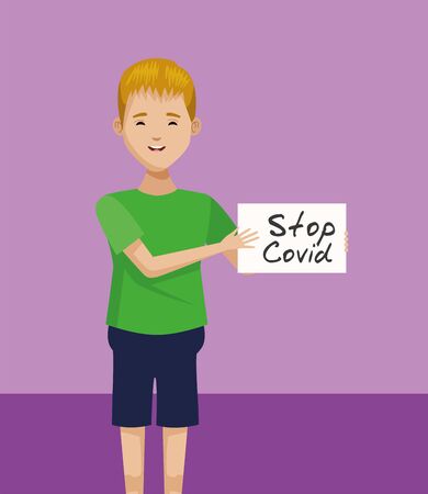 young man with stop covid19 banner character vector illustration designのイラスト素材