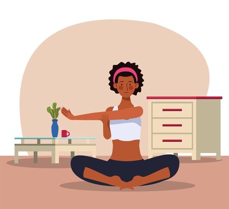afro woman practicing yoga in the house vector illustration designのイラスト素材