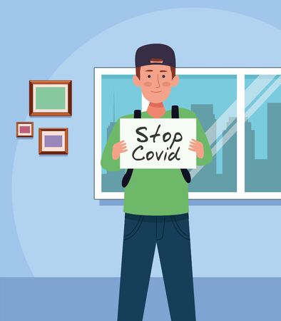young man with stop covid19 banner character vector illustration designのイラスト素材
