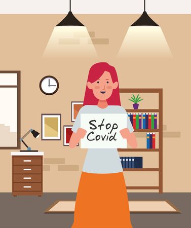 woman with stop covid19 banner character vector illustration designのイラスト素材