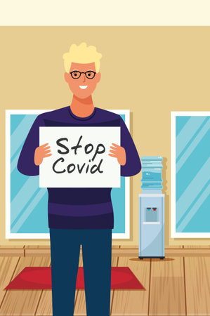 young man with stop covid19 banner character vector illustration designのイラスト素材