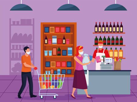couple and worker using face masks in supermarket vector illustration designのイラスト素材