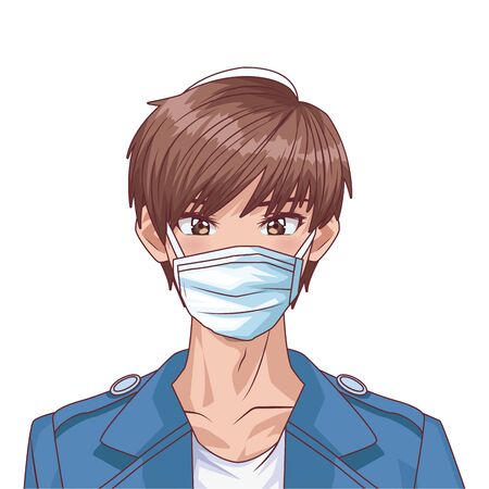 young man using face mask anime character vector illustration designのイラスト素材
