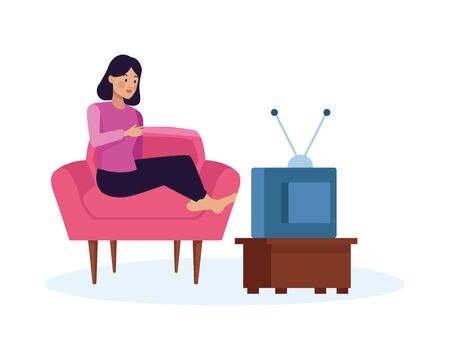 young woman watching tv in sofa vector illustration designのイラスト素材