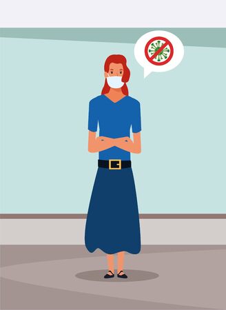 woman using face mask for covid19 in the house vector illustration designのイラスト素材