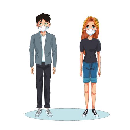 couple using face masks characters vector illustration designのイラスト素材