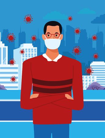 man using face mask for covid19 on the city vector illustration designのイラスト素材