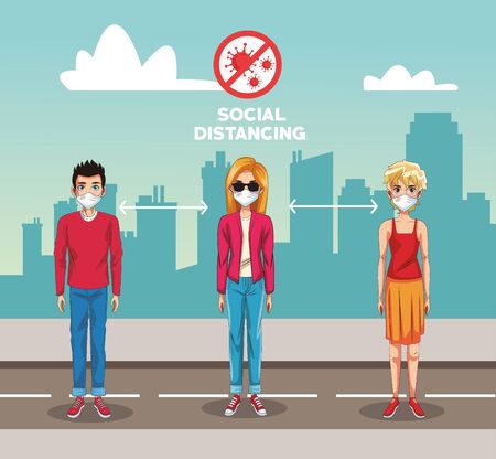 people using face masks in the road vector illustration designのイラスト素材