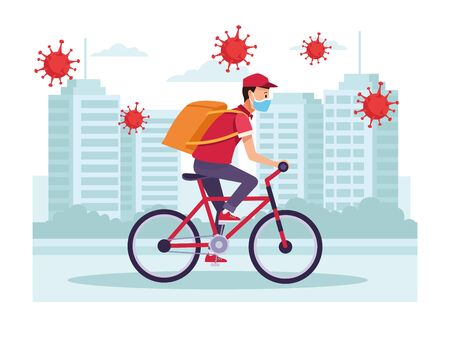 courier in bicycle delivery service with covid19 particles vector illustration designのイラスト素材