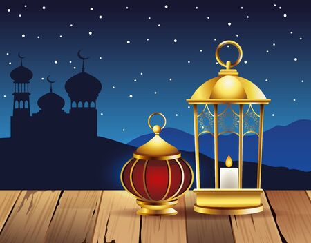 ramadan kareem celebration with lamps and taj mahal vector illustration designのイラスト素材